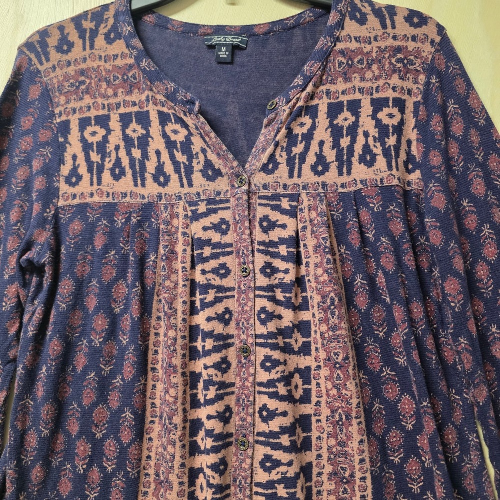 Lucky Brand Purple Ikat Floral Henley Blouse Long Sleeve Boho Top Medium - Picture 10 of 12